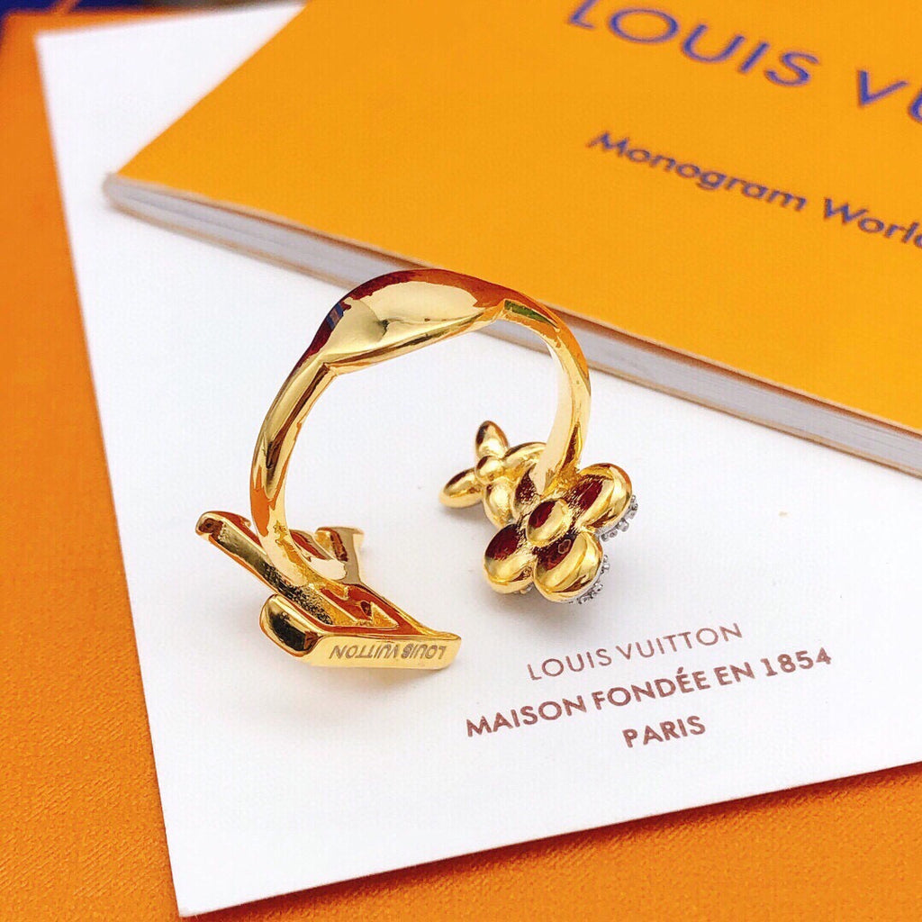 Louis Vuitton Gold-Tone Open LV and Flower Ring - album image 5