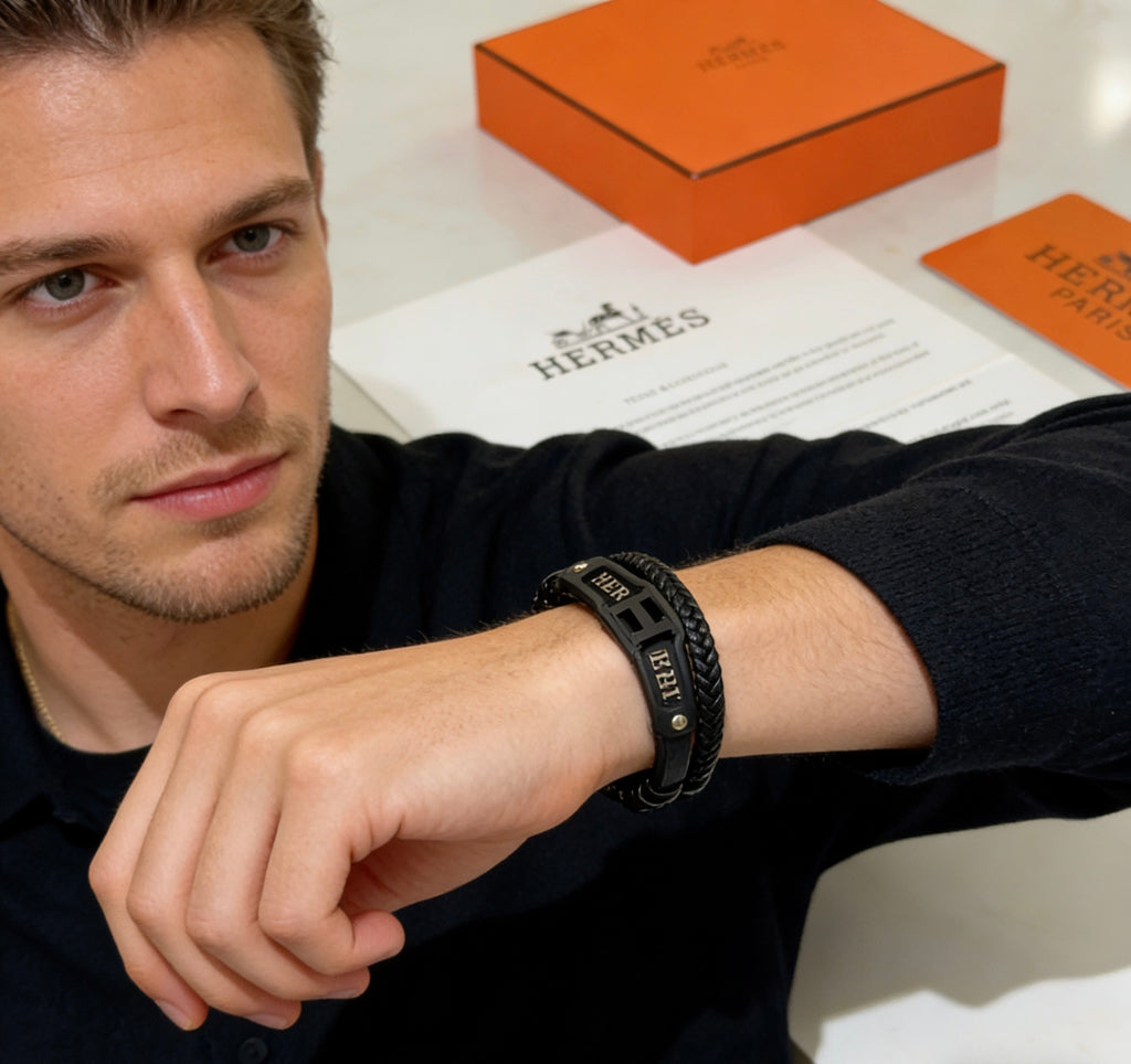Hermès Black Leather Double-Strand Letter Bracelet - album image 3