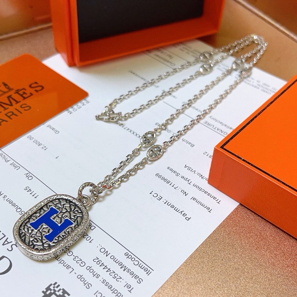 Hermès Silver-Tone Blue H Plaque Pendant Necklace - album image 4