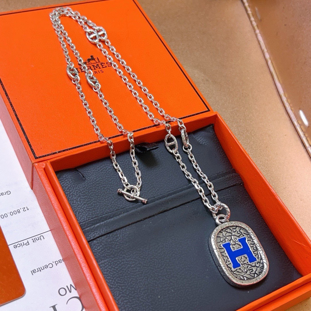 Hermès Silver-Tone Blue H Plaque Pendant Necklace - album image 7