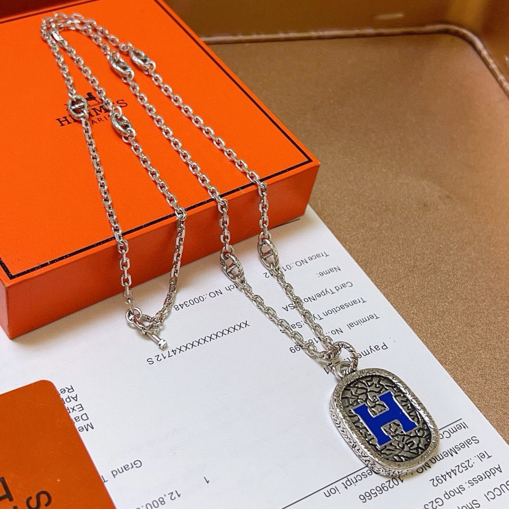 Hermès Silver-Tone Blue H Plaque Pendant Necklace - album image 5