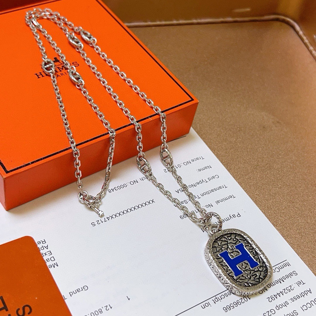 Hermès Silver-Tone Blue H Plaque Pendant Necklace - album image 5