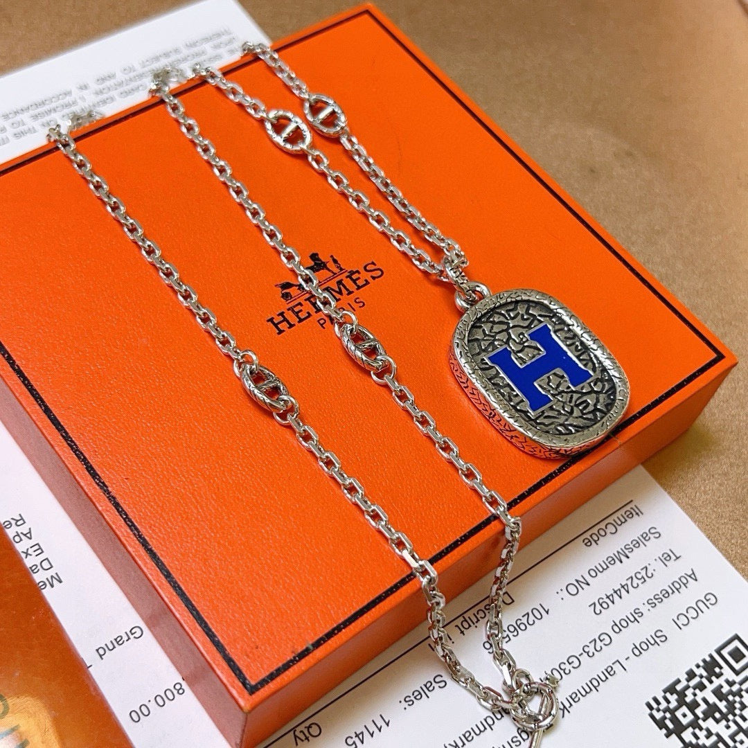 Hermès Silver-Tone Blue H Plaque Pendant Necklace - album image 2