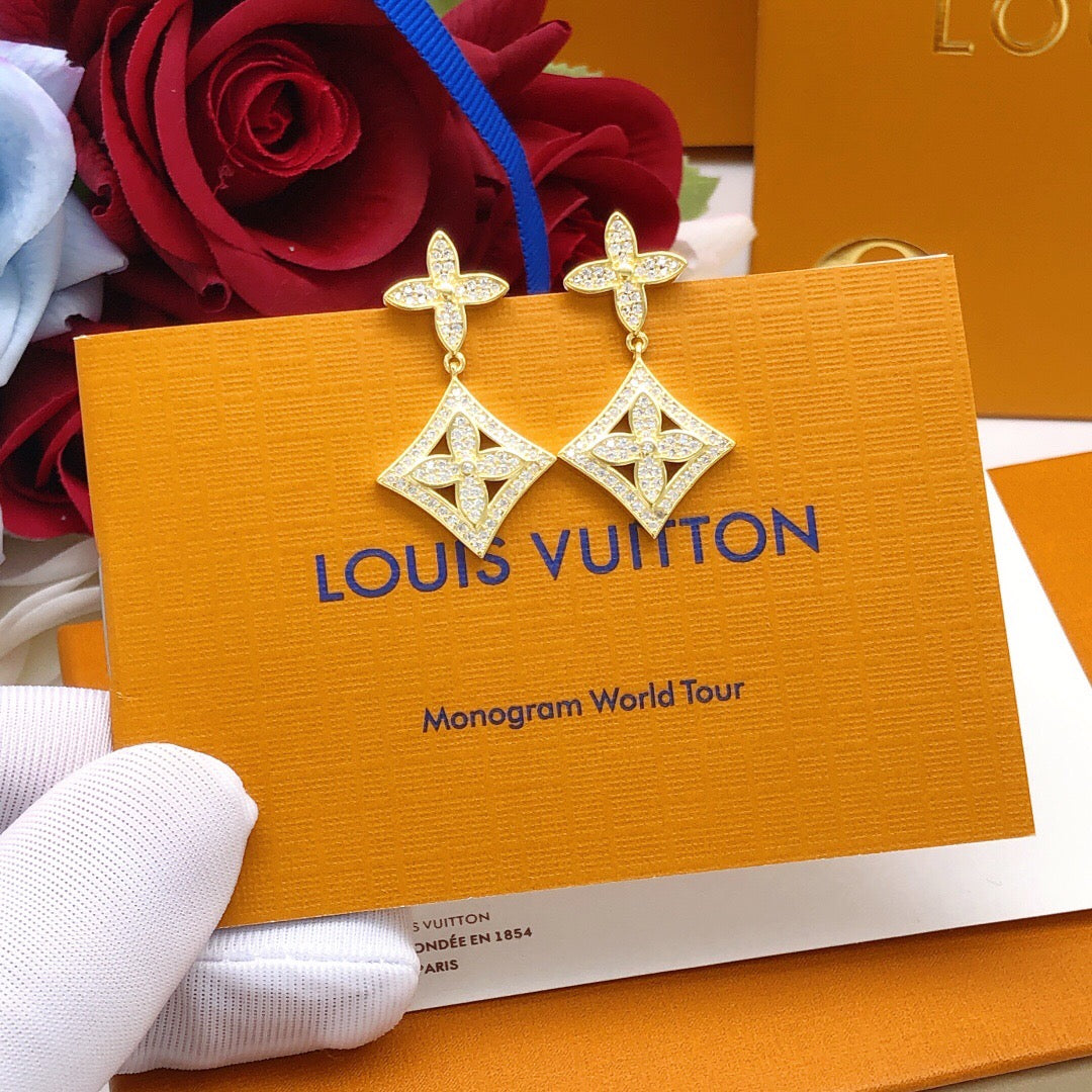Louis Vuitton Gold-Tone Monogram Diamond-Shape Pendant Crystal Accent Earrings - album image 2