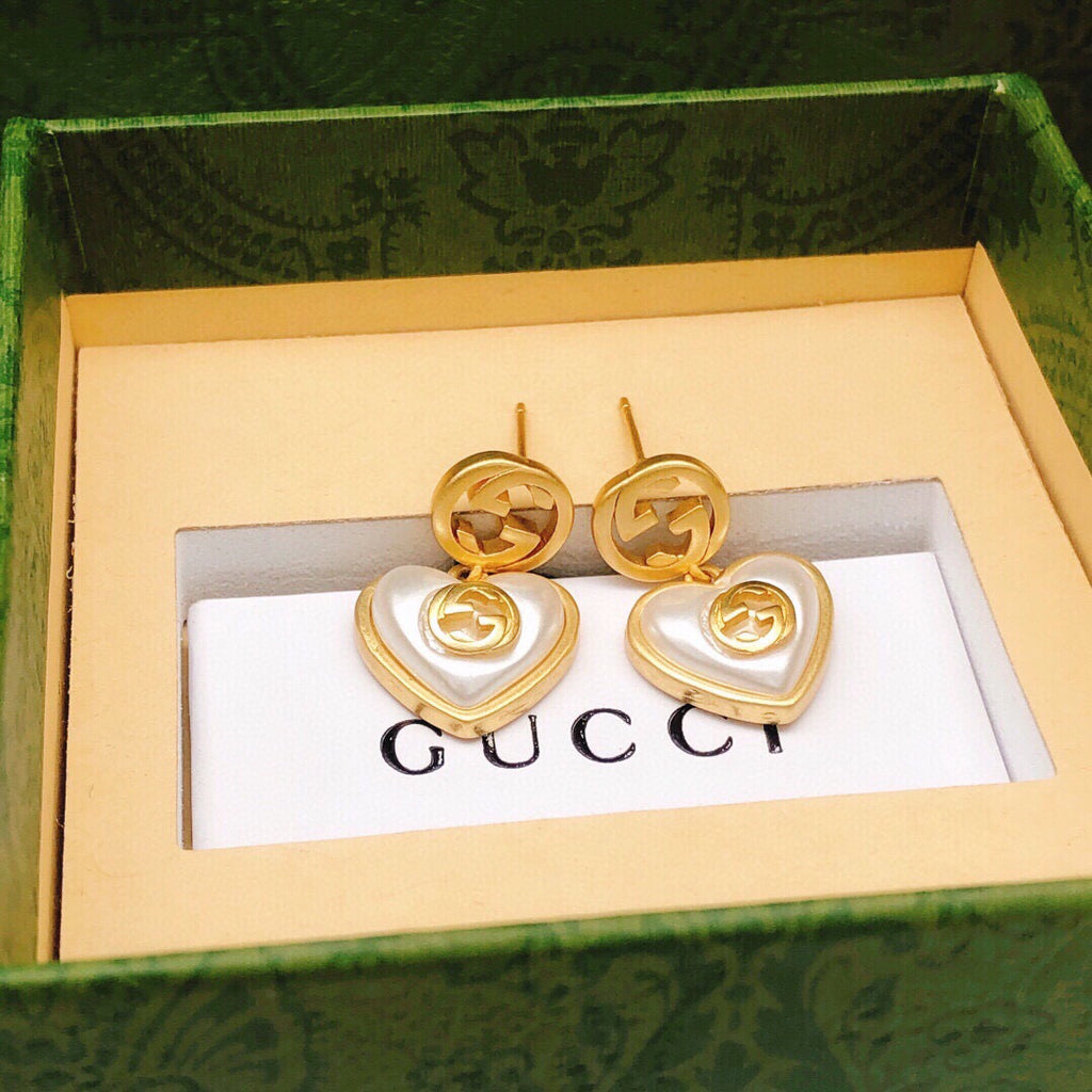 Gucci Interlocking G Pearl Heart Crystal Accent Antiqued Earrings - album image 5