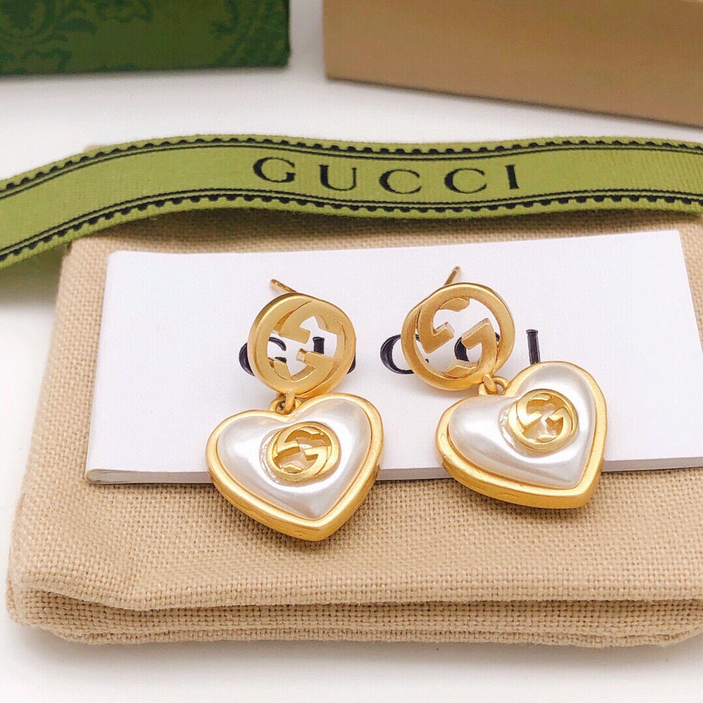 Gucci Interlocking G Pearl Heart Crystal Accent Antiqued Earrings - album image 4