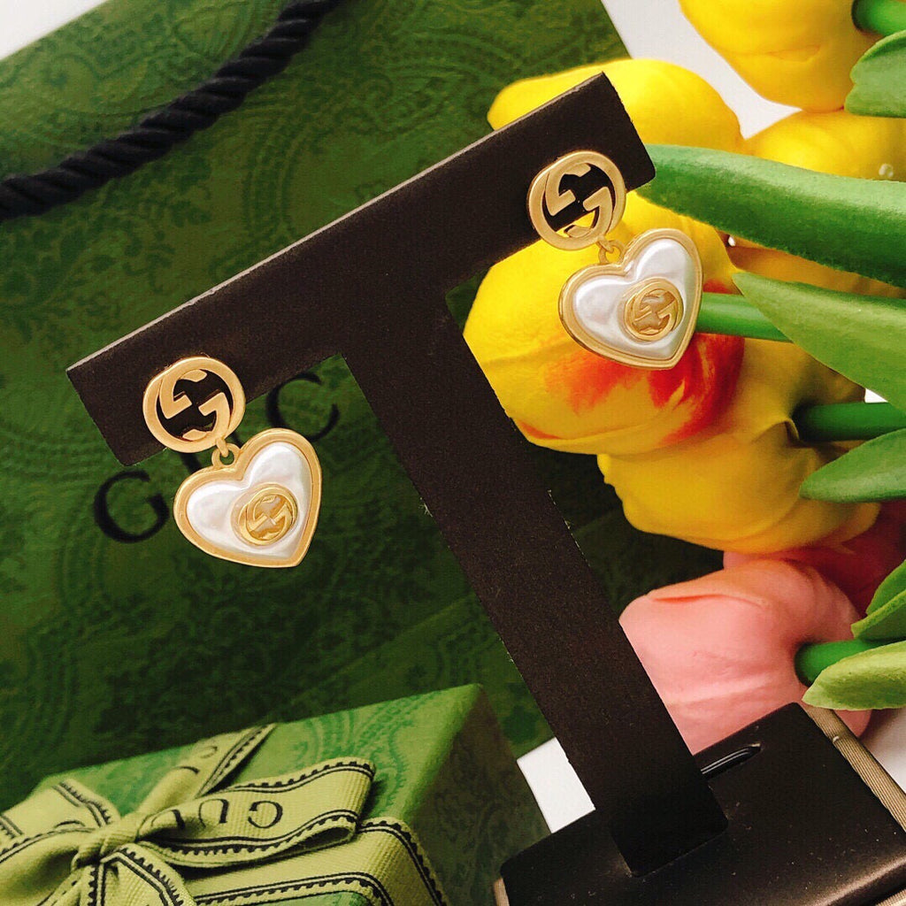 Gucci Interlocking G Pearl Heart Crystal Accent Antiqued Earrings - album image 6