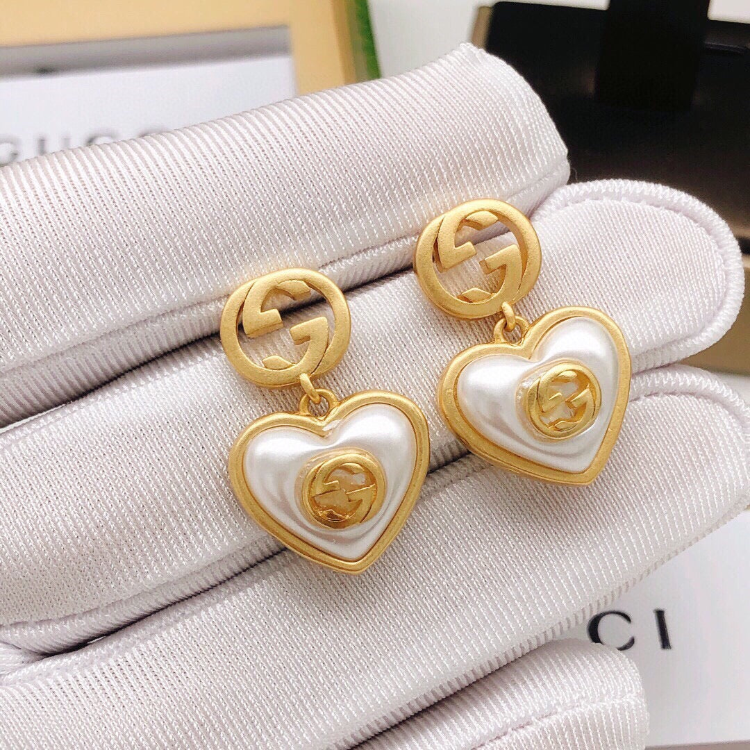 Gucci Interlocking G Pearl Heart Crystal Accent Antiqued Earrings - album image 3