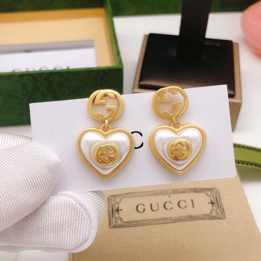 Gucci Interlocking G Pearl Heart Crystal Accent Antiqued Earrings - album image 1