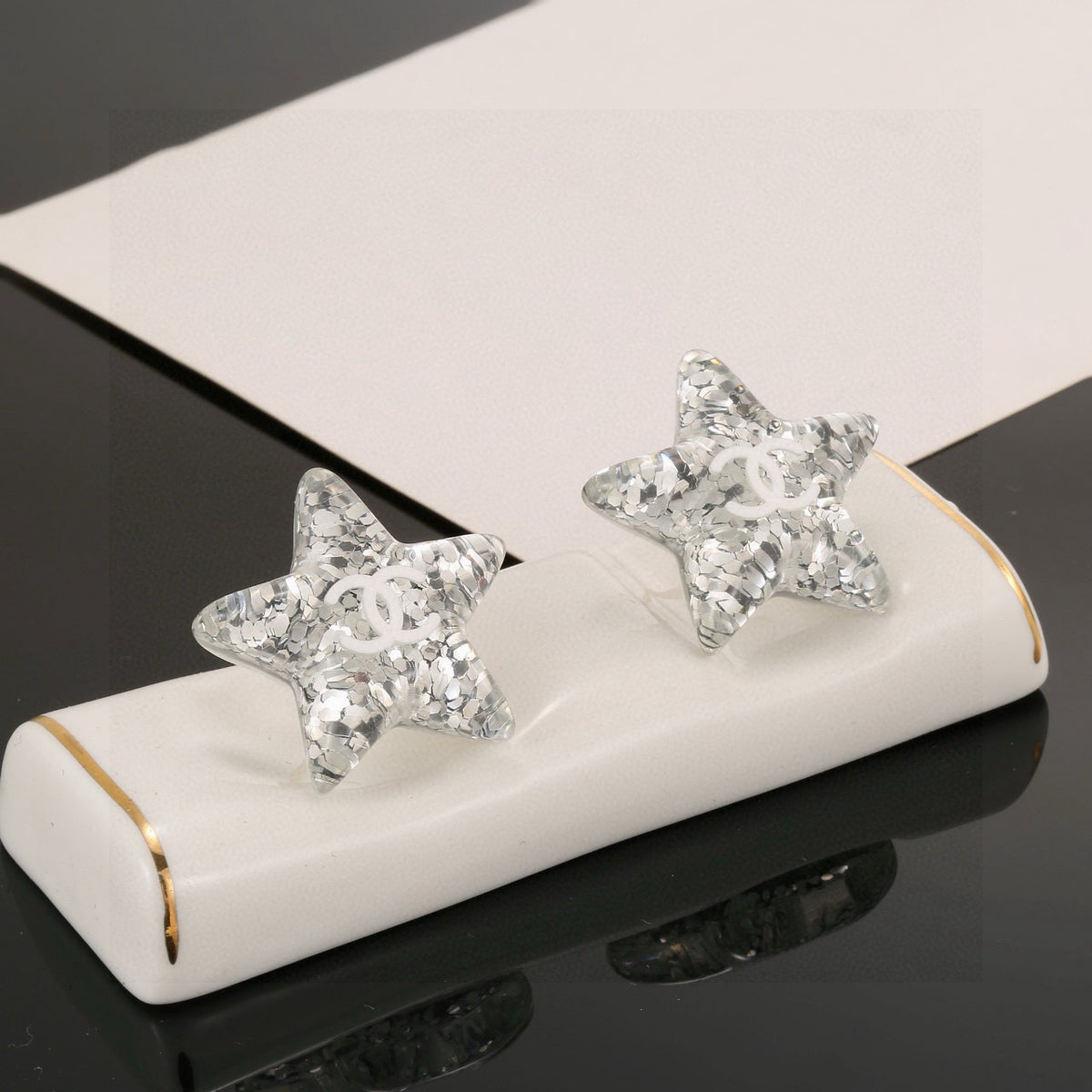 Chanel Interlocking C Resin Silver-Tone White Star Stud Earrings - album image 3