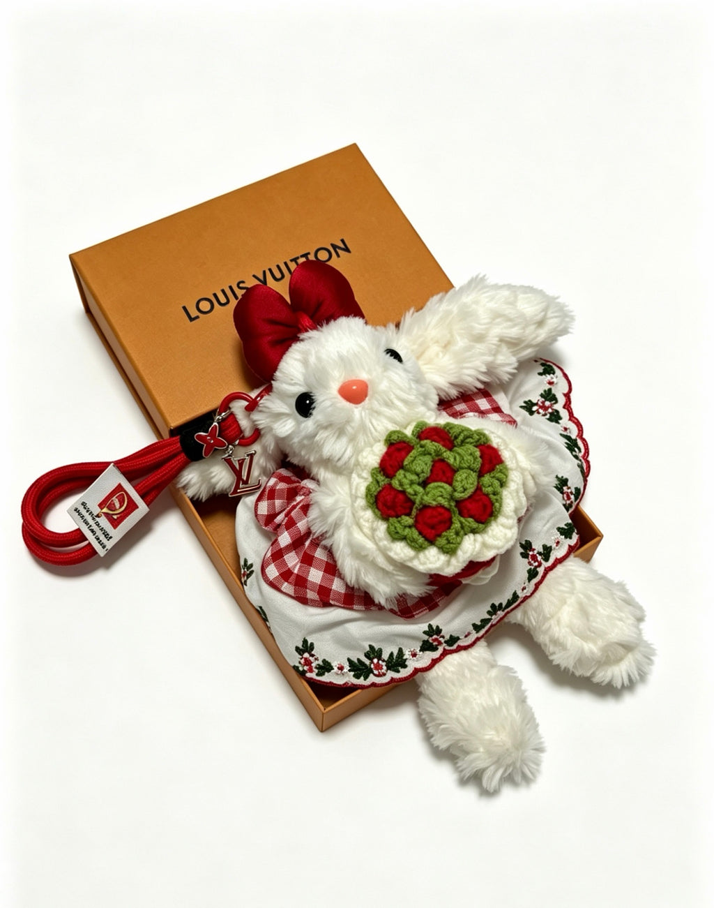 Louis Vuitton White Plush Character Bag Charm with Red Floral Outfit - album image 3