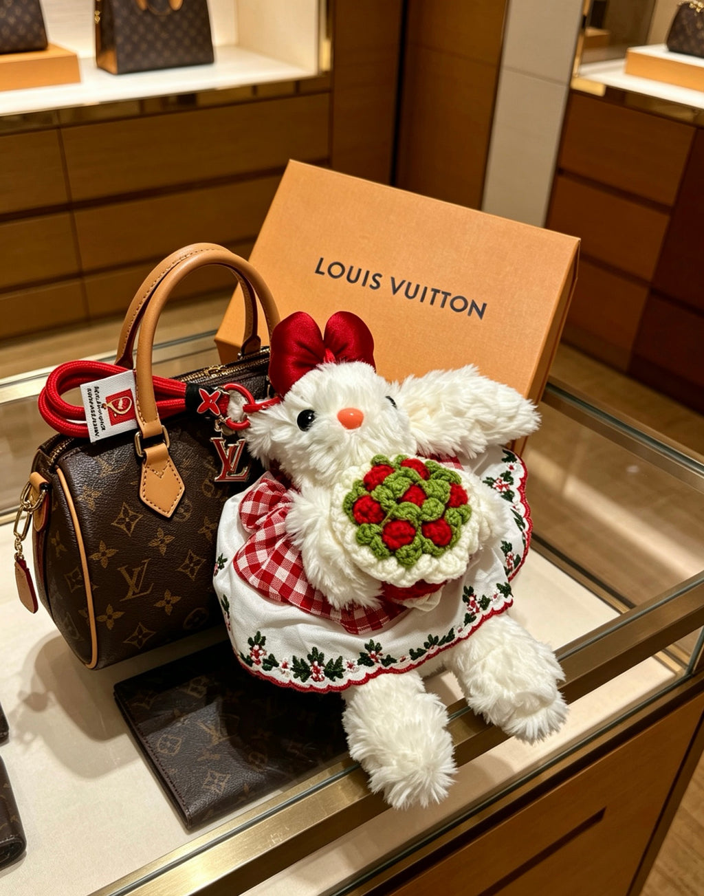 Louis Vuitton White Plush Character Bag Charm with Red Floral Outfit - album image 6