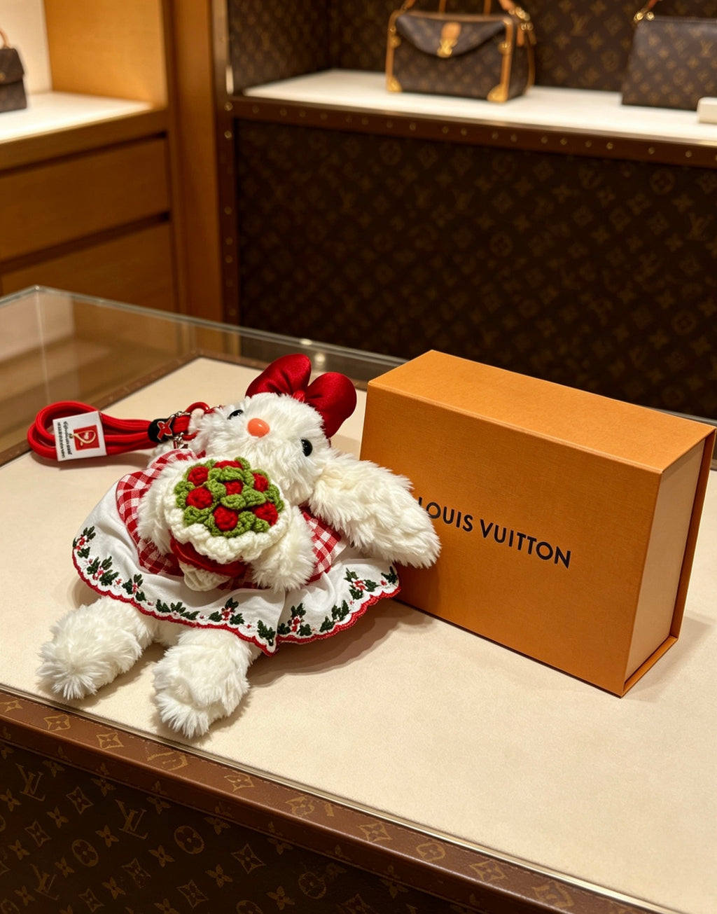 Louis Vuitton White Plush Character Bag Charm with Red Floral Outfit - album image 4