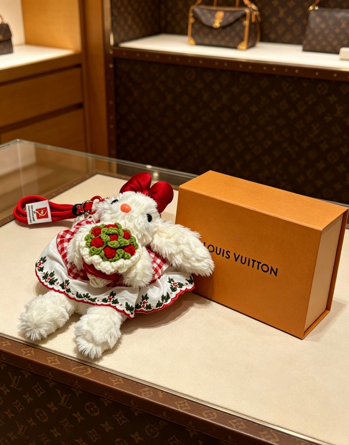 Louis Vuitton White Plush Character Bag Charm with Red Floral Outfit - album image 4