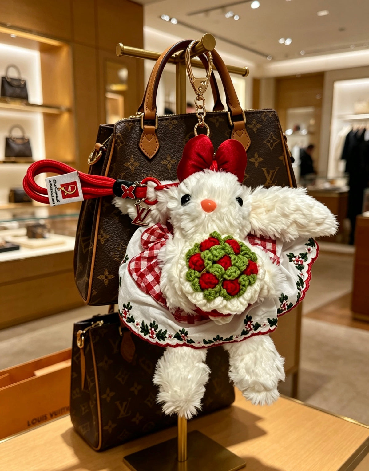 Louis Vuitton White Plush Character Bag Charm with Red Floral Outfit - album image 5