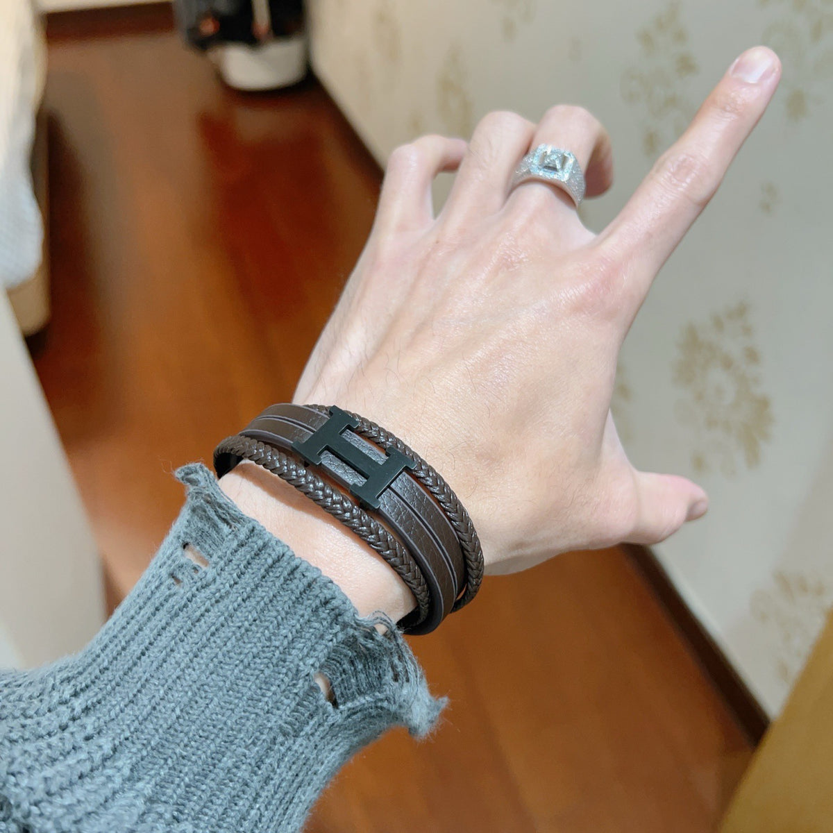 Hermès Black Leather Multiwrap H Bracelet with Silver-Tone Clasp - album image 7