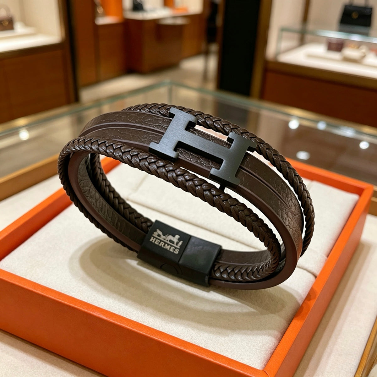 Hermès Black Leather Multiwrap H Bracelet with Silver-Tone Clasp - album image 8