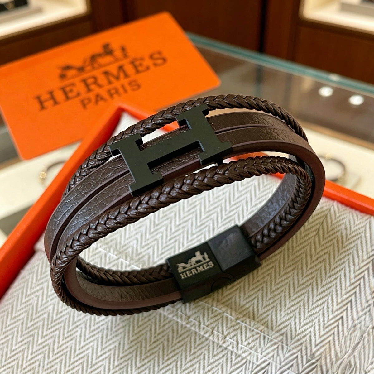 Hermès Black Leather Multiwrap H Bracelet with Silver-Tone Clasp - album image 6