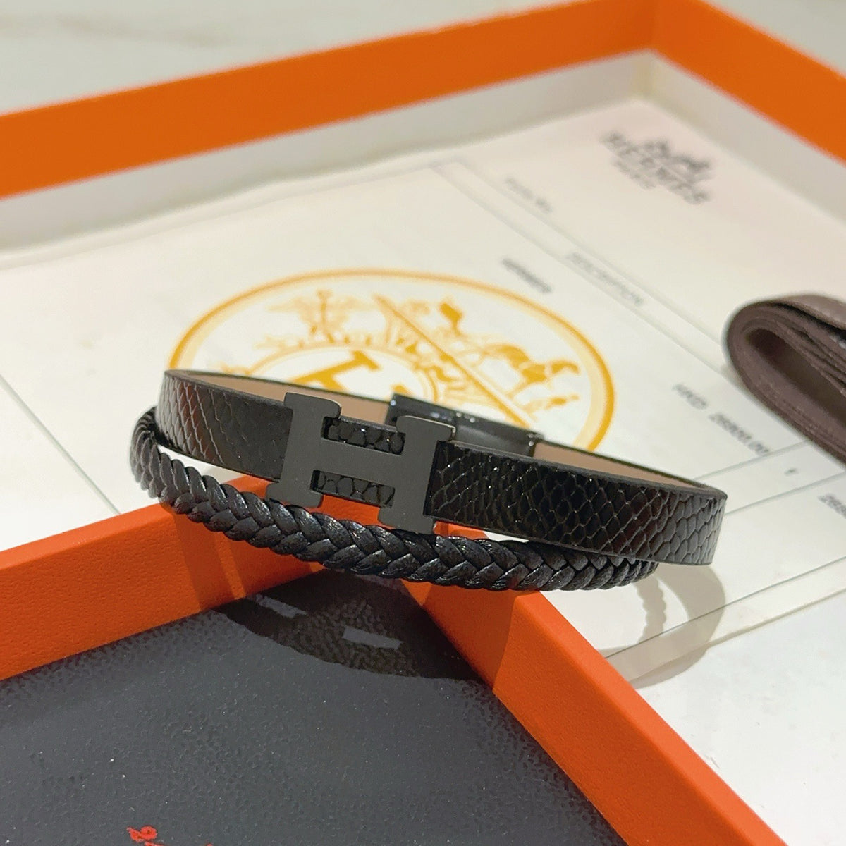 Hermès Black Leather Double-Wrap H Bracelet - album image 5
