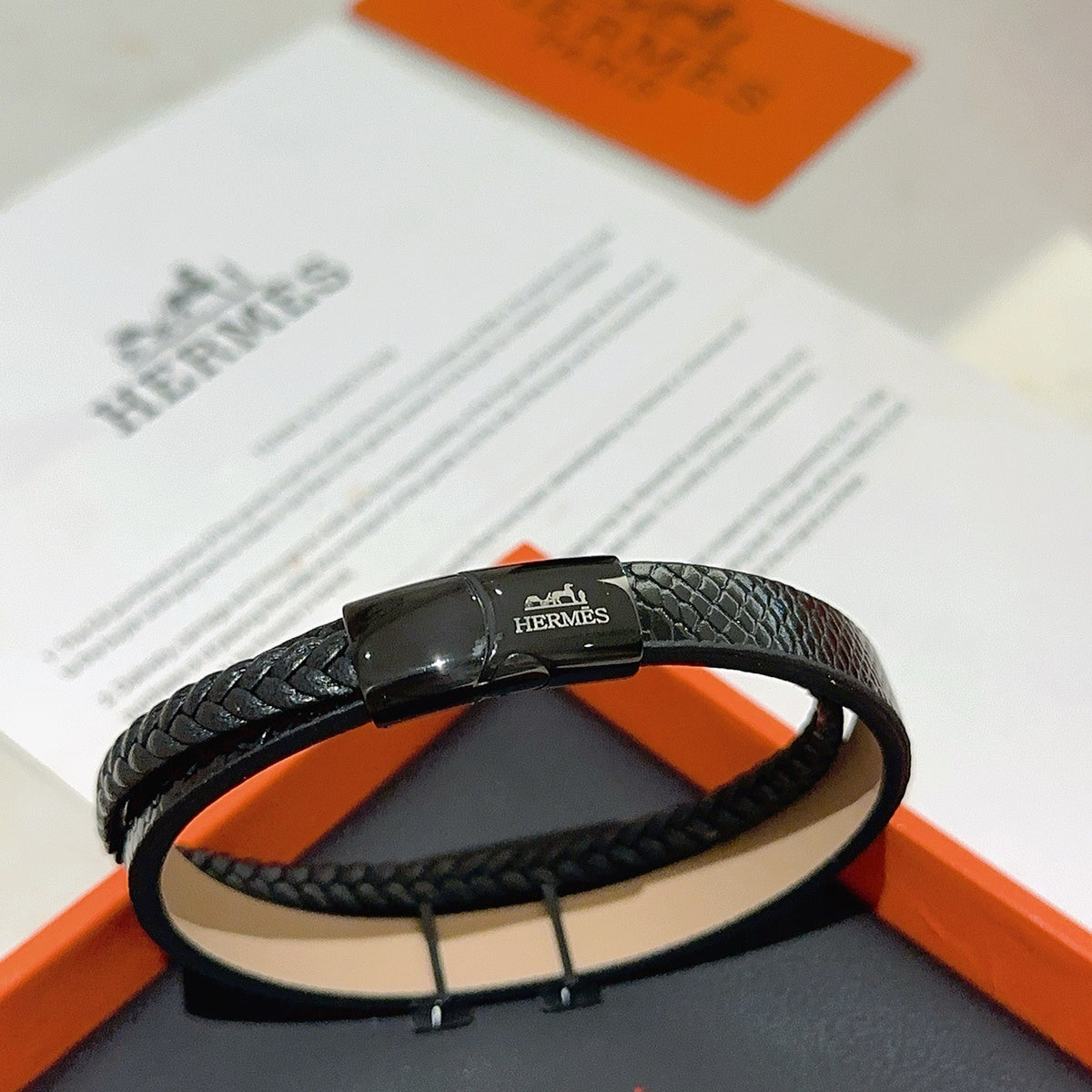 Hermès Black Leather Double-Wrap H Bracelet - album image 6
