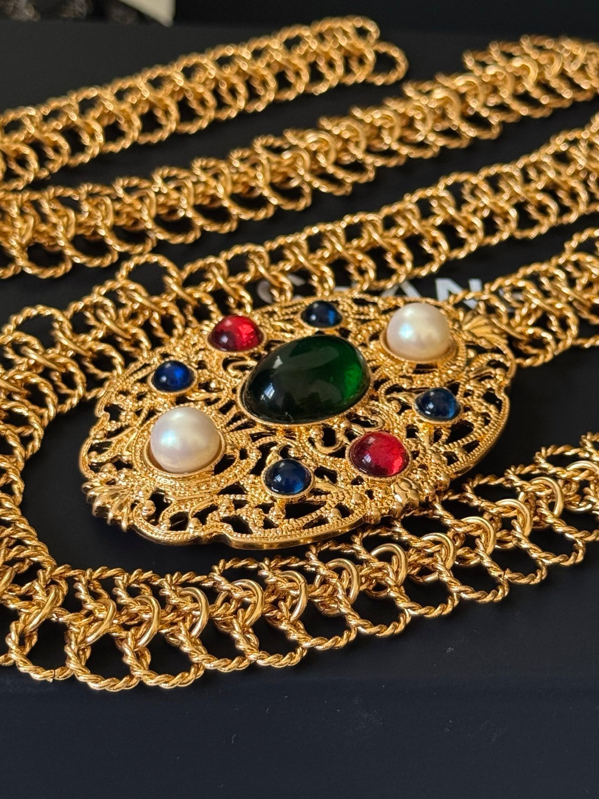 Chanel Gold-Tone Green Cabochon Chain Belt - album image 4