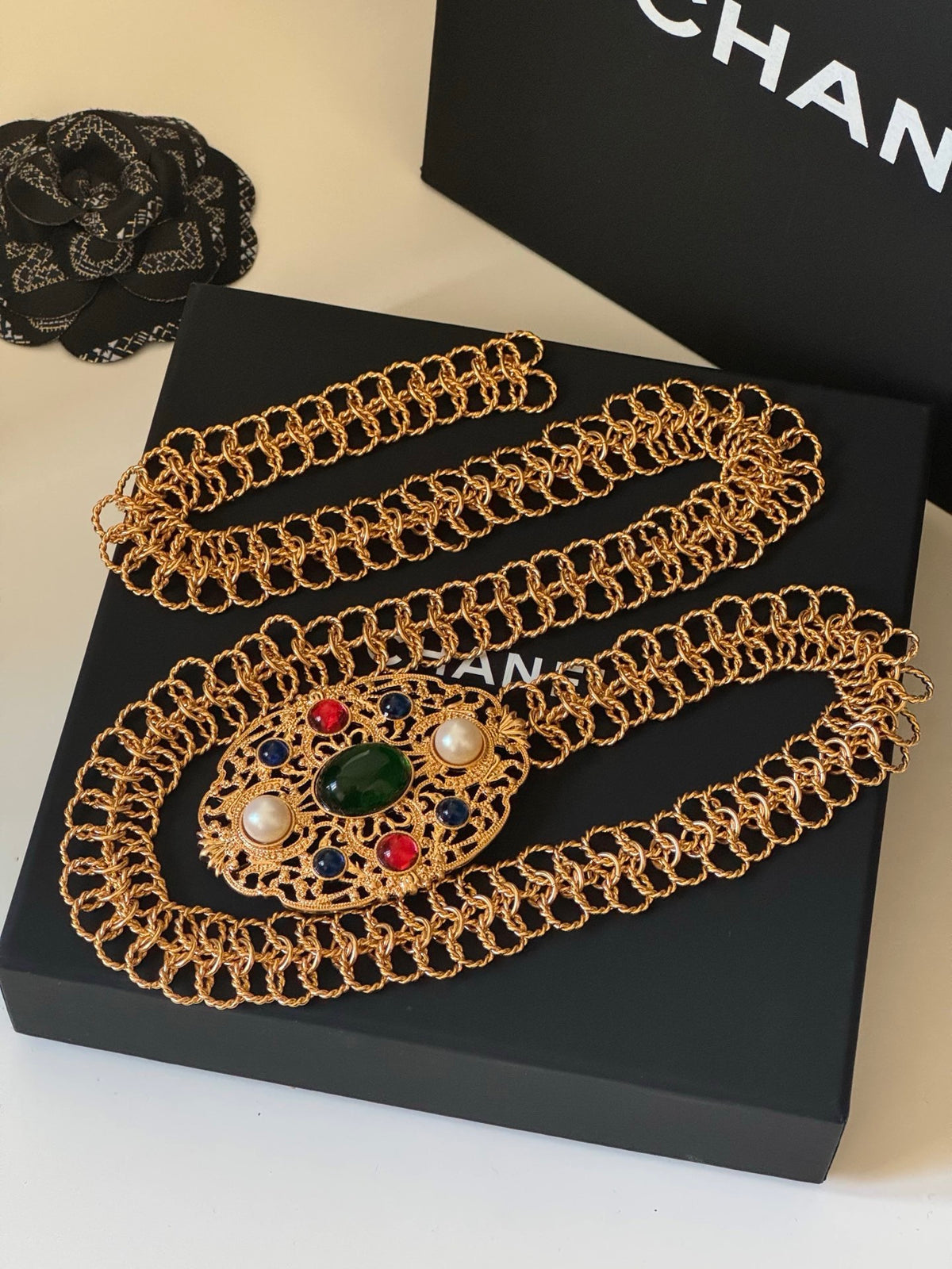 Chanel Gold-Tone Green Cabochon Chain Belt - album image 2