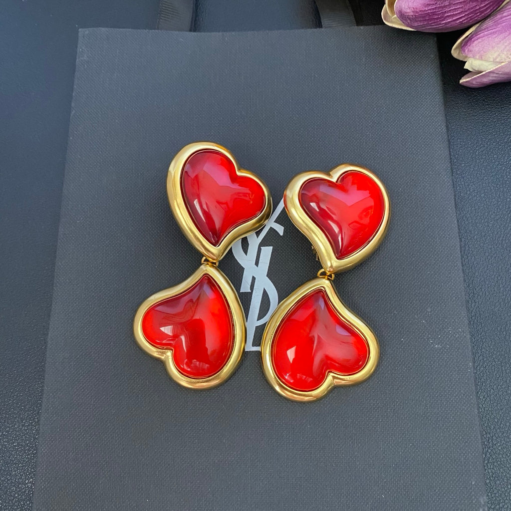 Saint Laurent Gold-Tone Red Resin Double-Heart Drop Earrings - album image 3