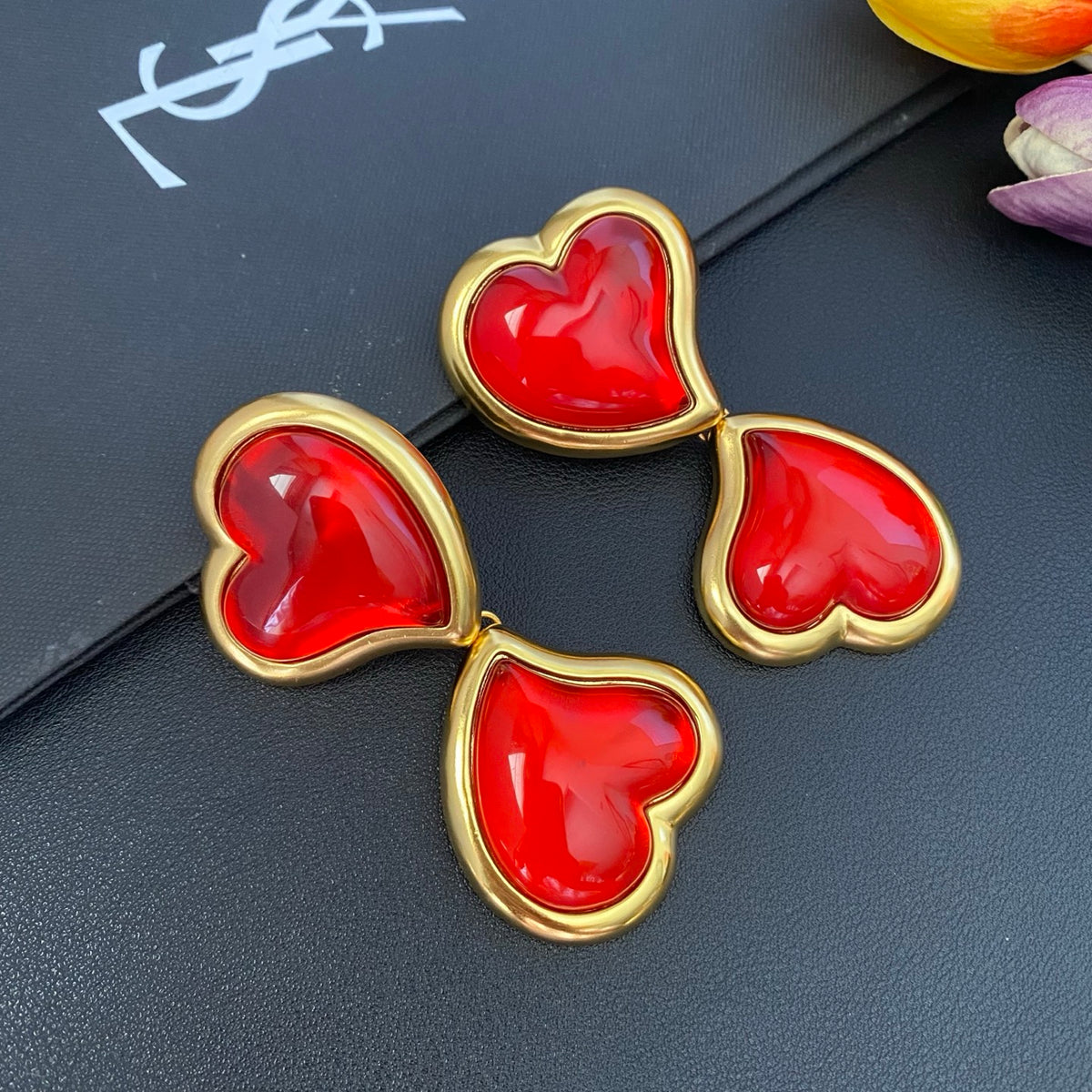 Saint Laurent Gold-Tone Red Resin Double-Heart Drop Earrings - album image 4
