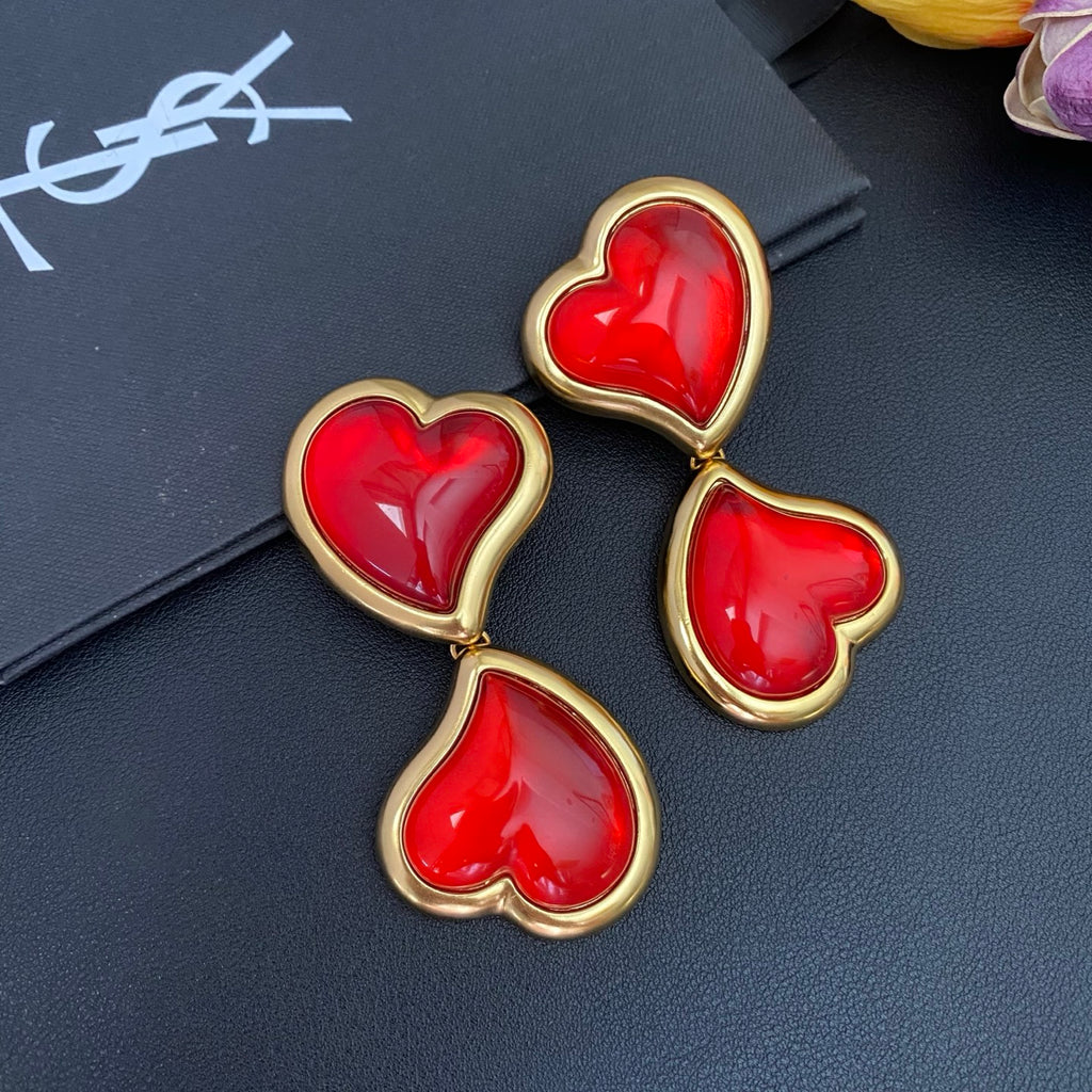 Saint Laurent Gold-Tone Red Resin Double-Heart Drop Earrings - album image 2