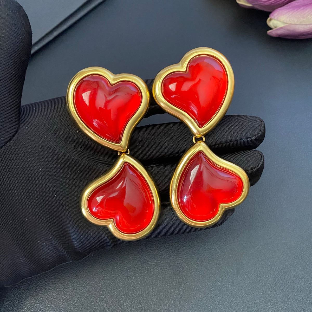 Saint Laurent Gold-Tone Red Resin Double-Heart Drop Earrings - album image 6