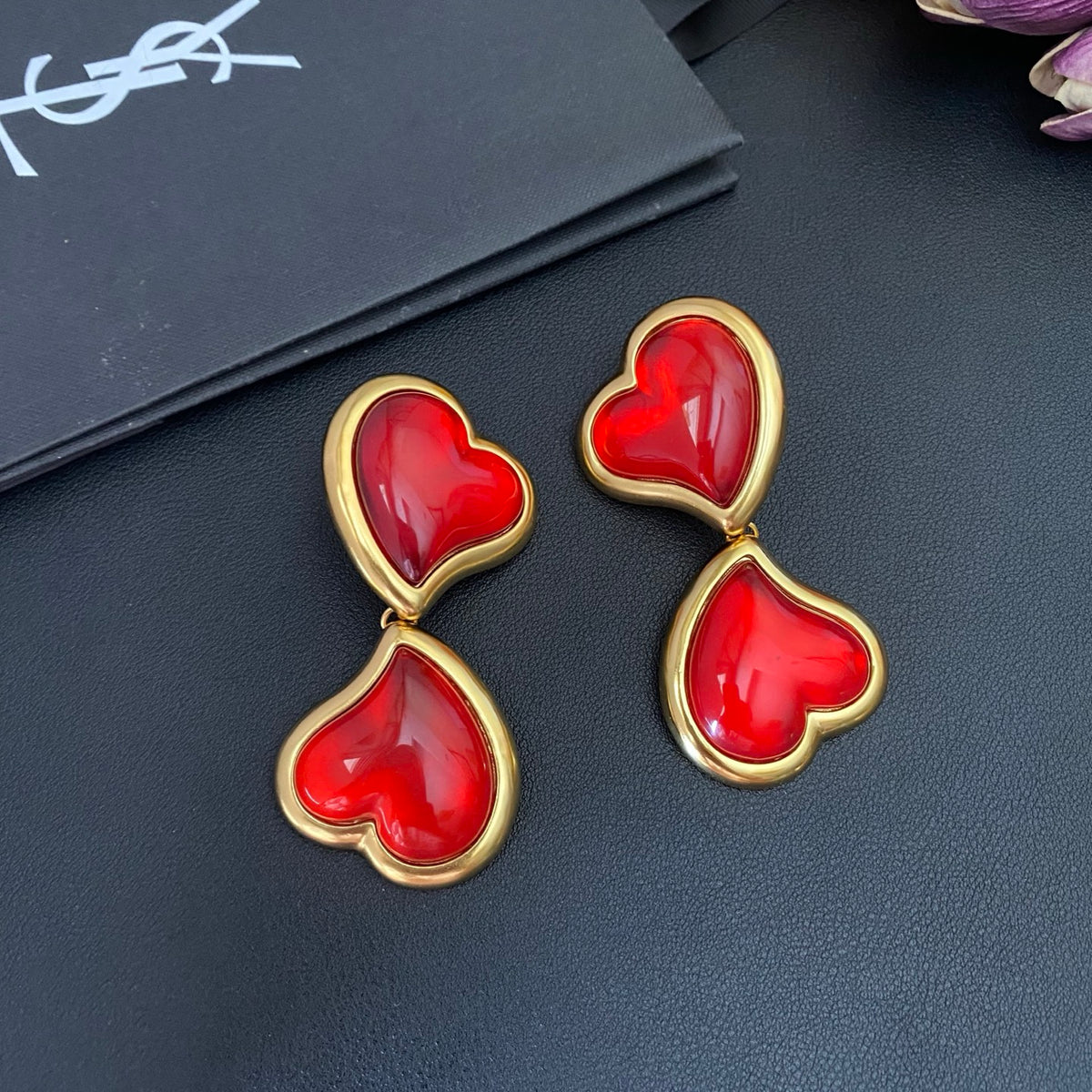 Saint Laurent Gold-Tone Red Resin Double-Heart Drop Earrings - album image 1