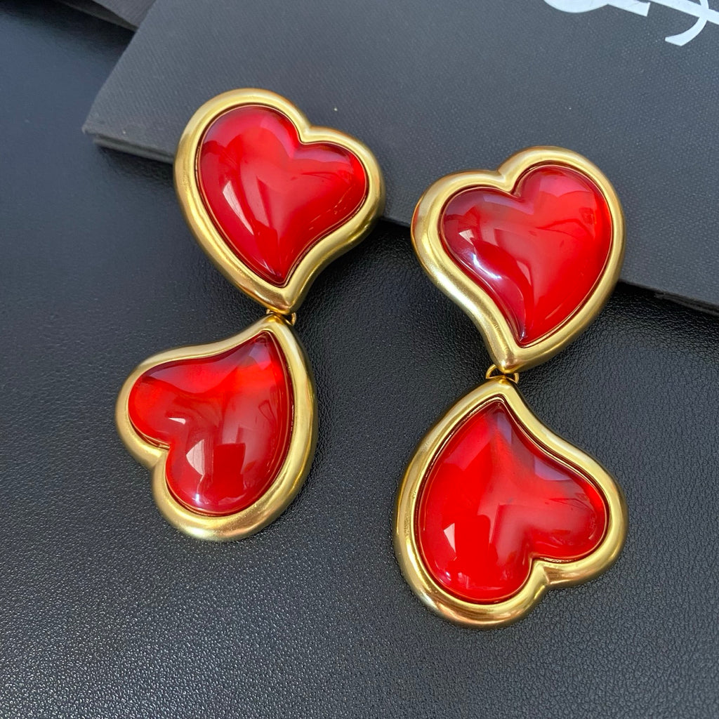 Saint Laurent Gold-Tone Red Resin Double-Heart Drop Earrings - album image 7