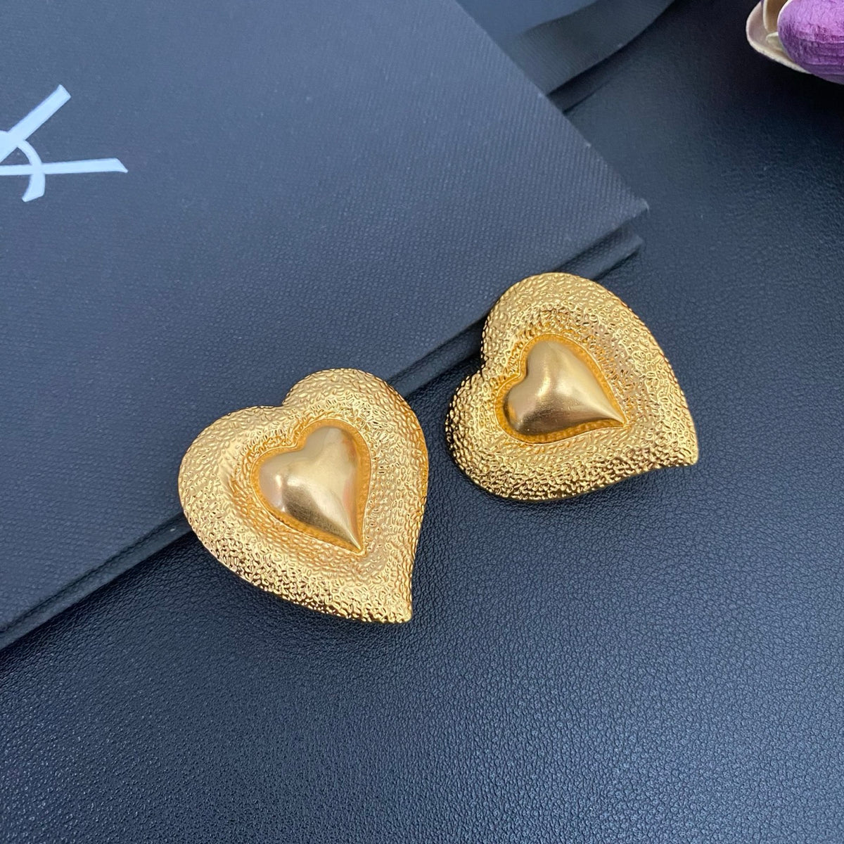 Saint Laurent Gold-Tone Textured Heart Earrings - album image 3