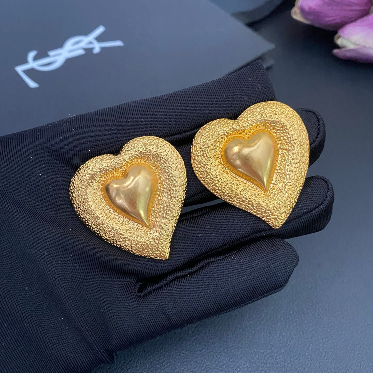 Saint Laurent Gold-Tone Textured Heart Earrings - album image 2