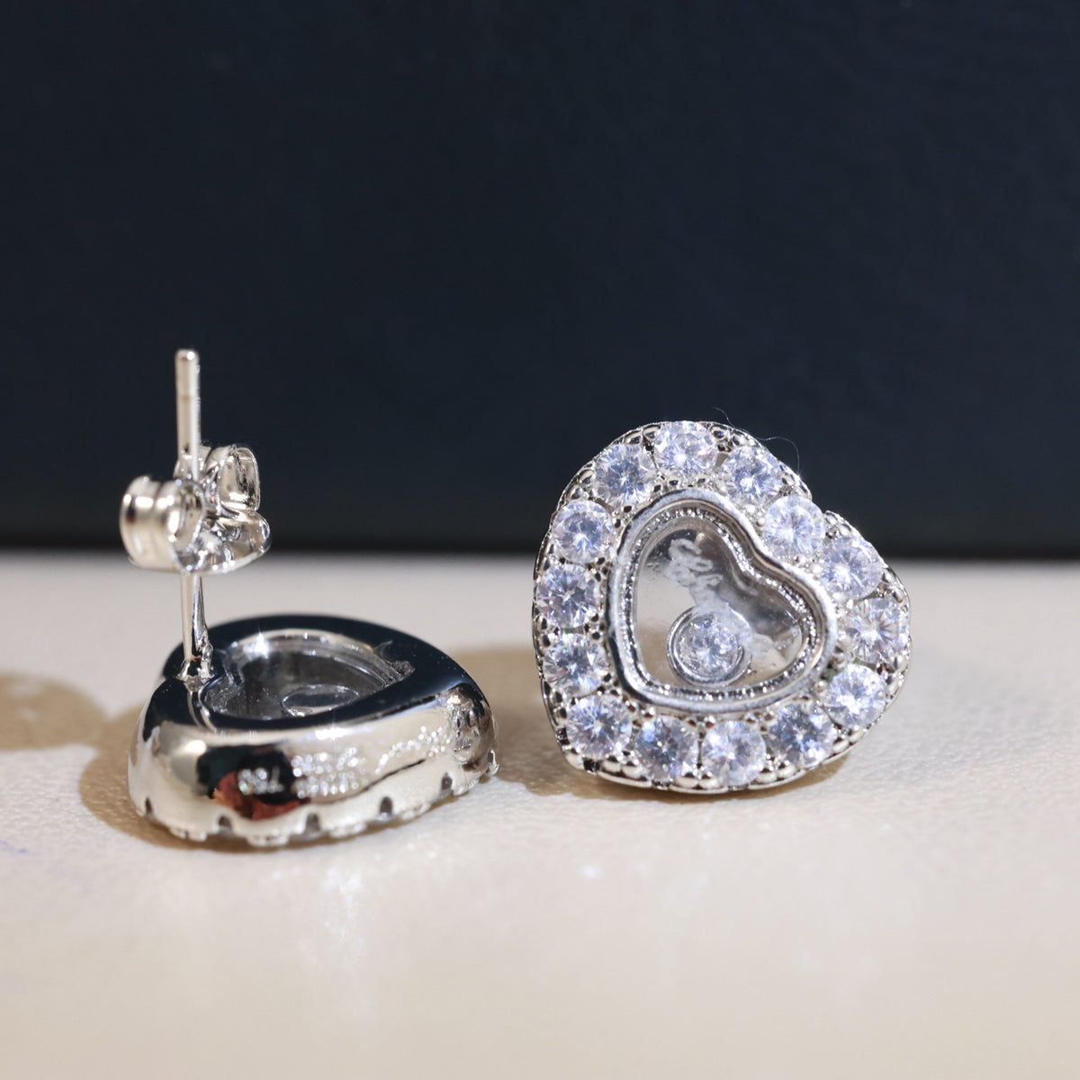 Chanel Antique Gold-Tone Rose Rose Gold-Tone Heart Crystal Accent Stud Earrings - album image 9