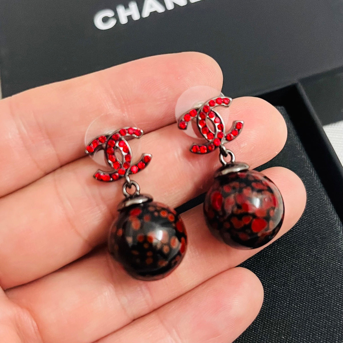 Chanel CC and Red Marbled Sphere Drop Earrings - album image 2