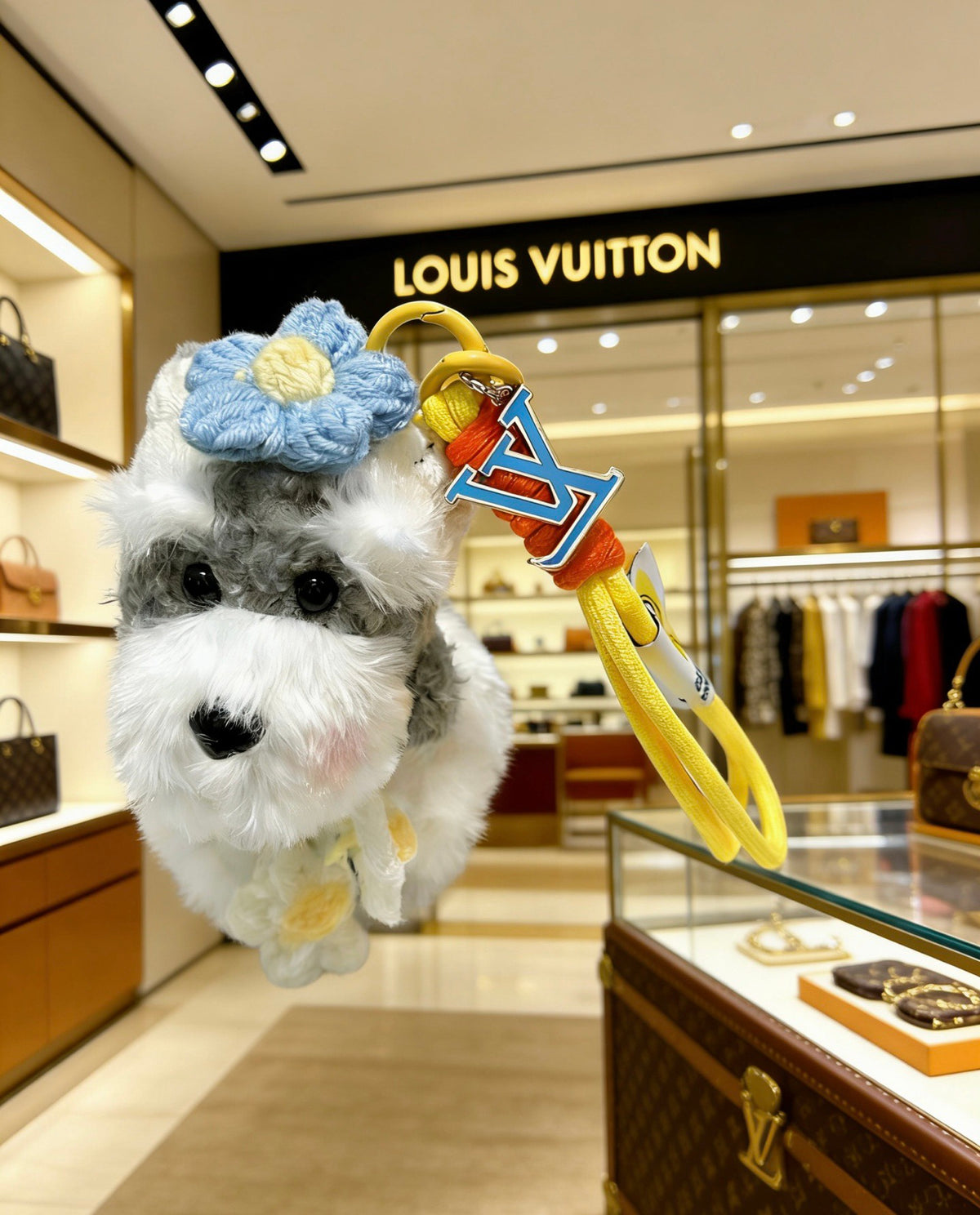 Louis Vuitton White Plush Character Bag Charm with Colorful Flower Headpiece - album image 5