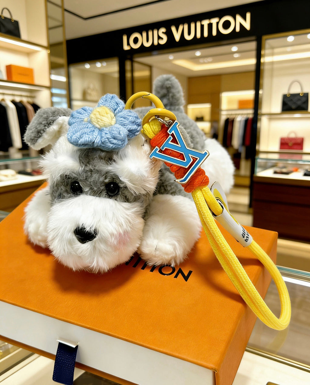 Louis Vuitton White Plush Character Bag Charm with Colorful Flower Headpiece - album image 2