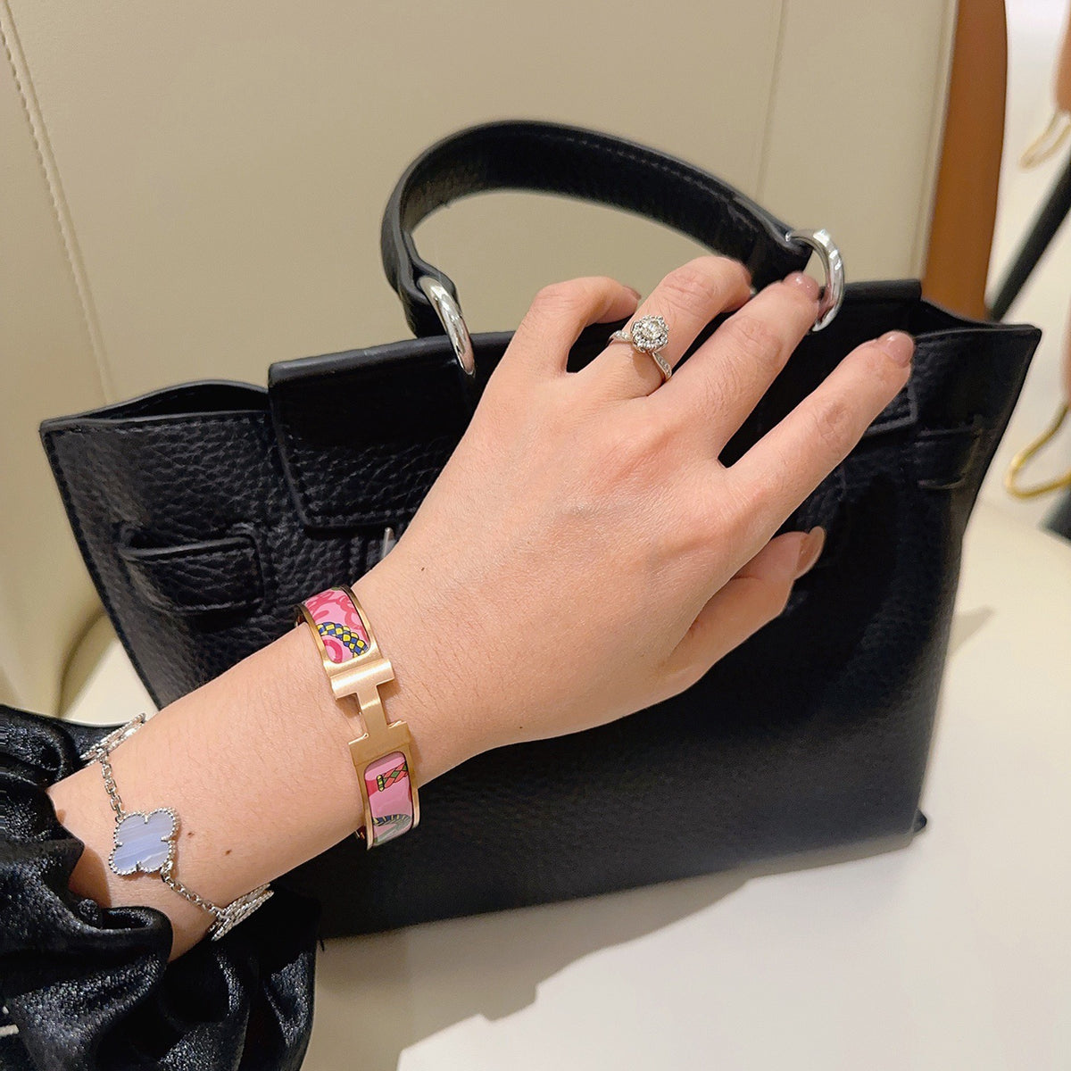 Hermès Gold-Tone Pink Printed H-Clasp Bangle - album image 6