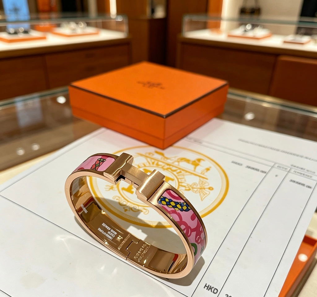 Hermès Gold-Tone Pink Printed H-Clasp Bangle - album image 5