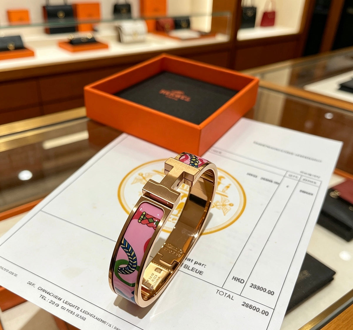 Hermès Gold-Tone Pink Printed H-Clasp Bangle - album image 7