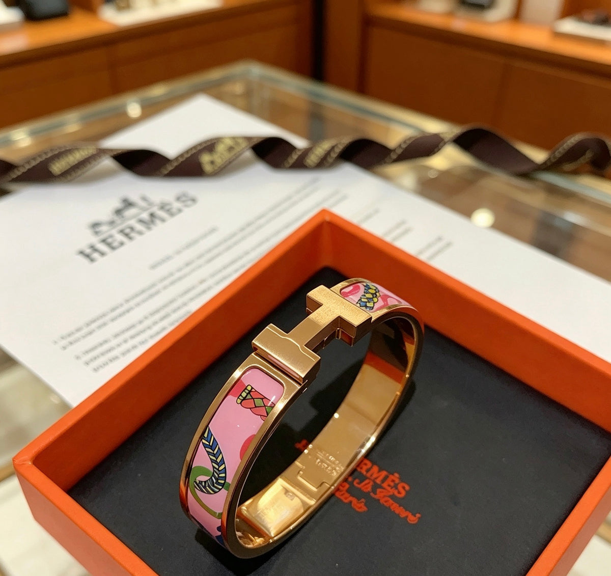 Hermès Gold-Tone Pink Printed H-Clasp Bangle - album image 2
