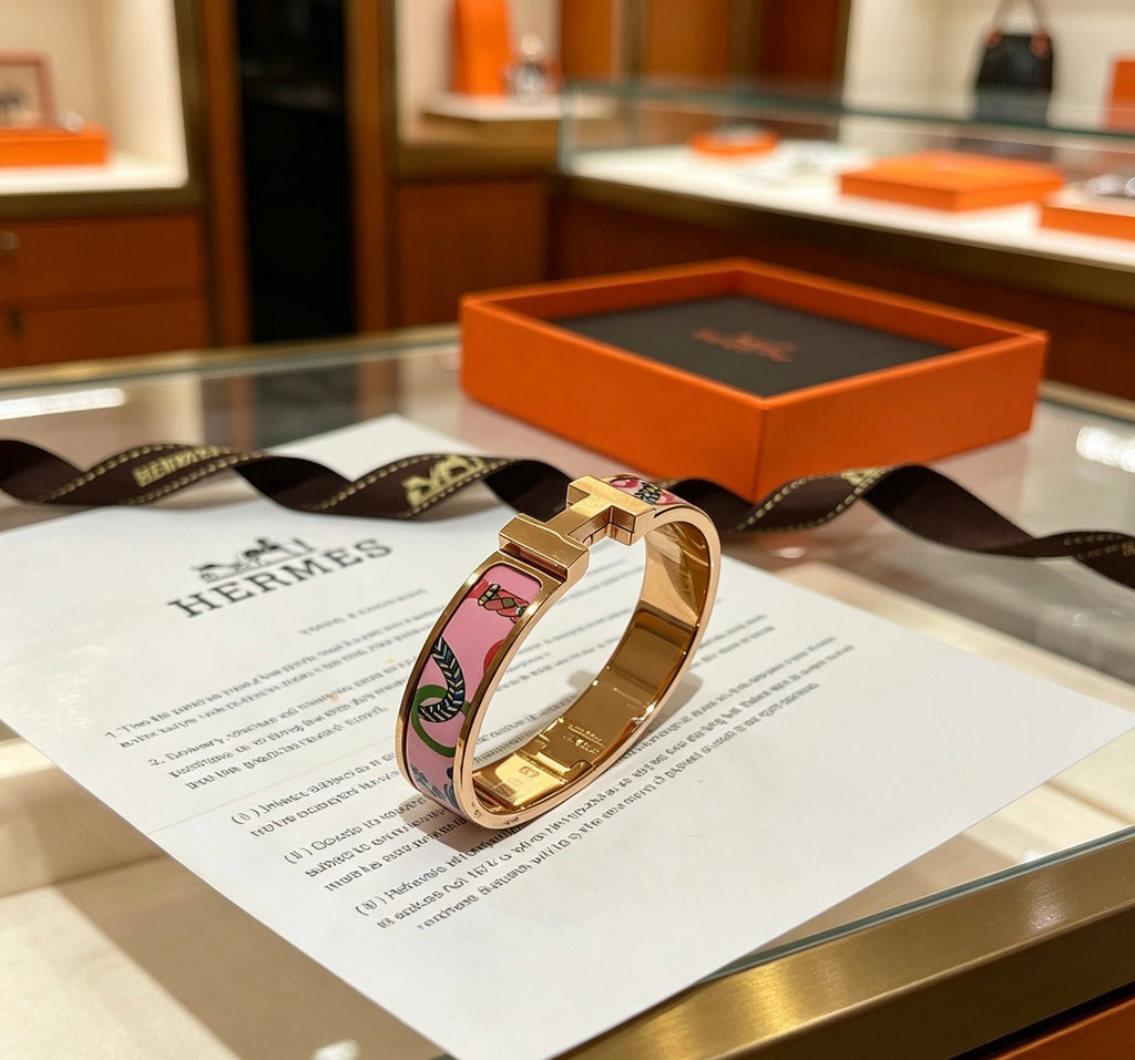 Hermès Gold-Tone Pink Printed H-Clasp Bangle - album image 4