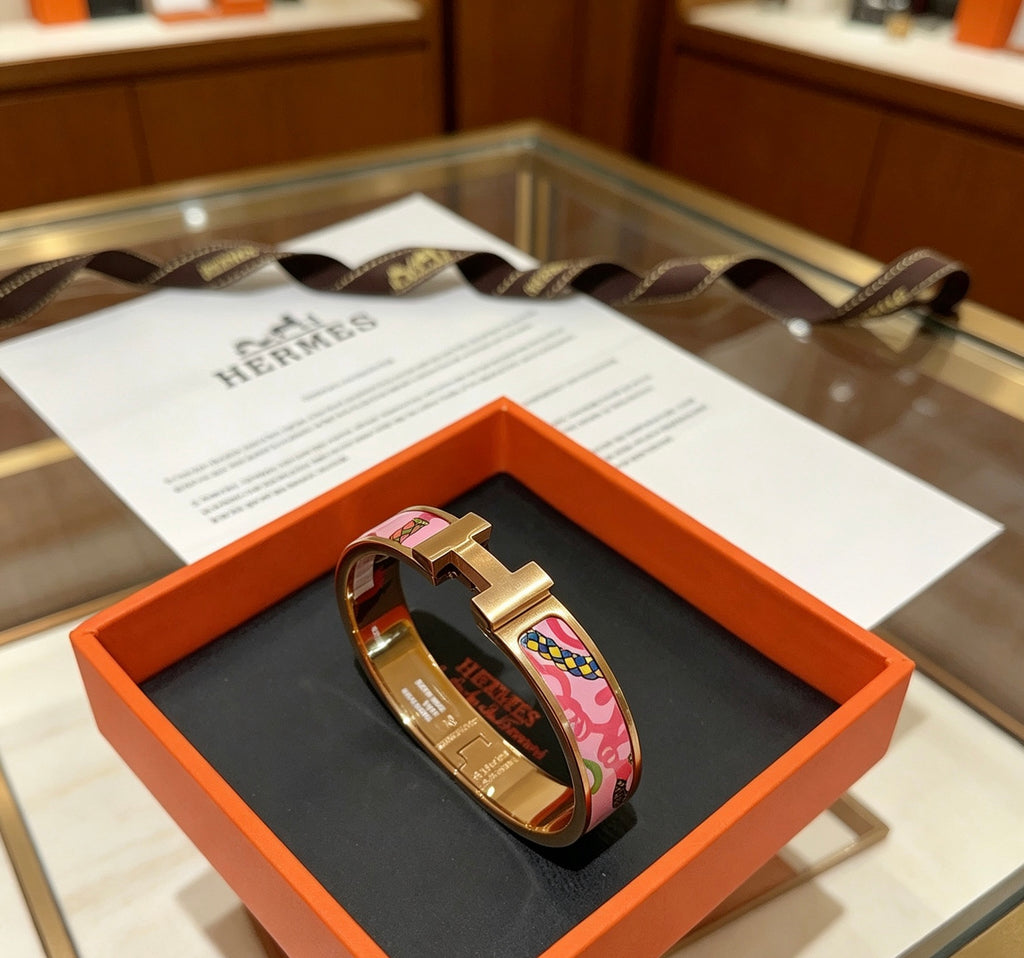 Hermès Gold-Tone Pink Printed H-Clasp Bangle - album image 8