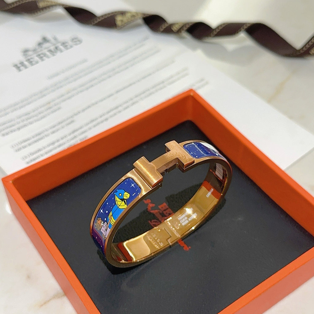 Hermès Gold-Tone Blue Printed H-Clasp Bangle - album image 9