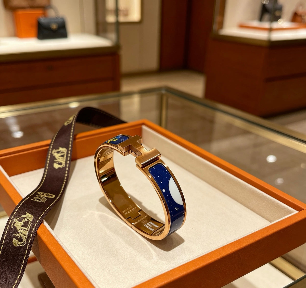 Hermès Gold-Tone Blue Printed H-Clasp Bangle - album image 8