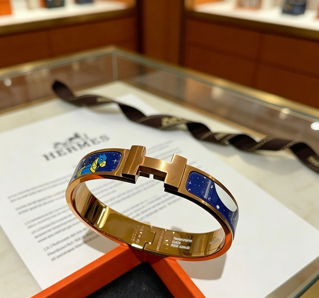Hermès Gold-Tone Blue Printed H-Clasp Bangle - album image 2