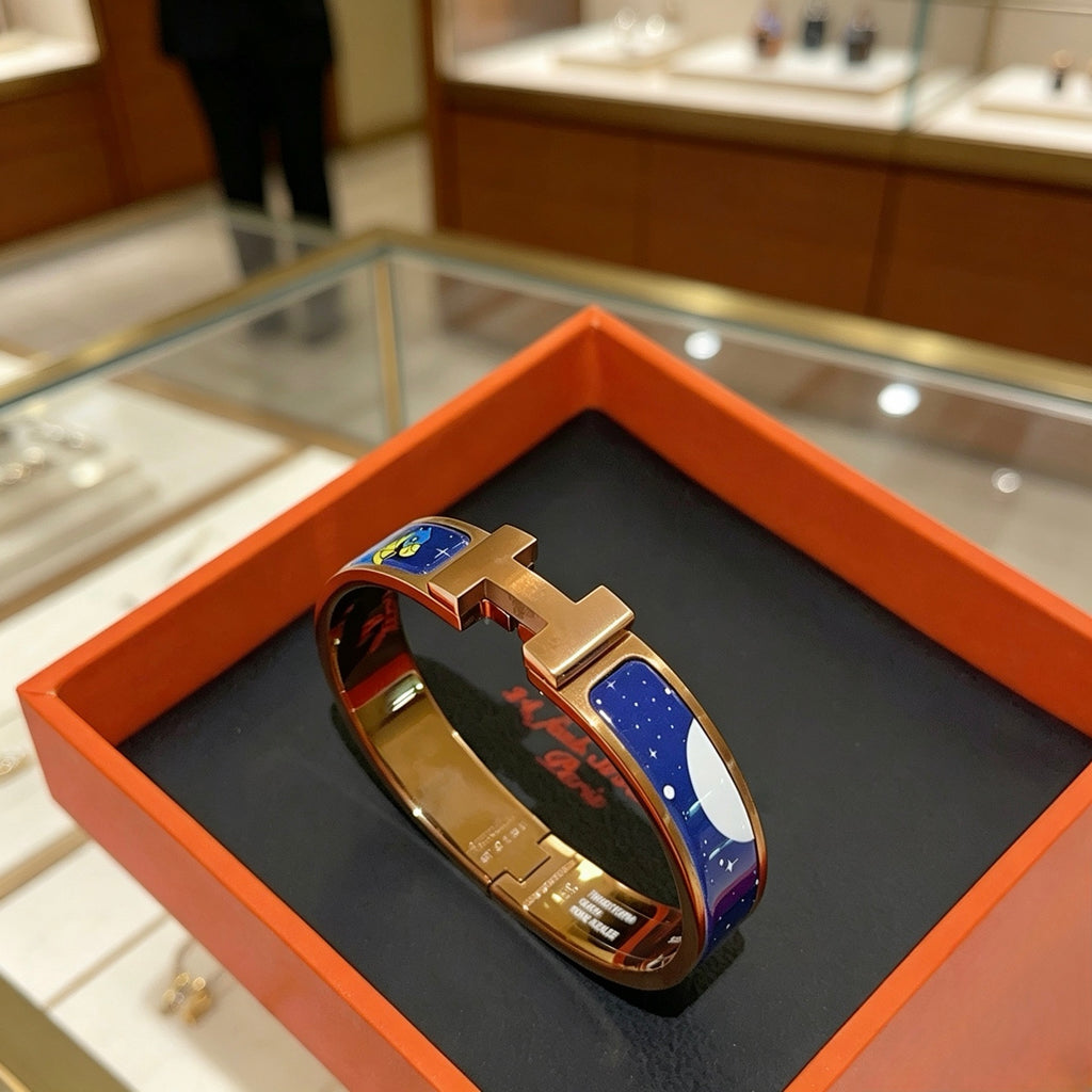 Hermès Gold-Tone Blue Printed H-Clasp Bangle - album image 5