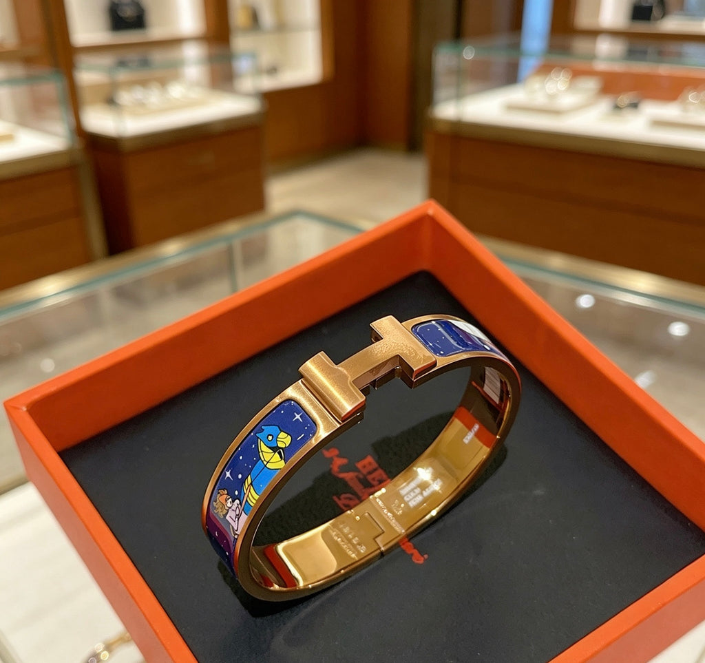 Hermès Gold-Tone Blue Printed H-Clasp Bangle - album image 4