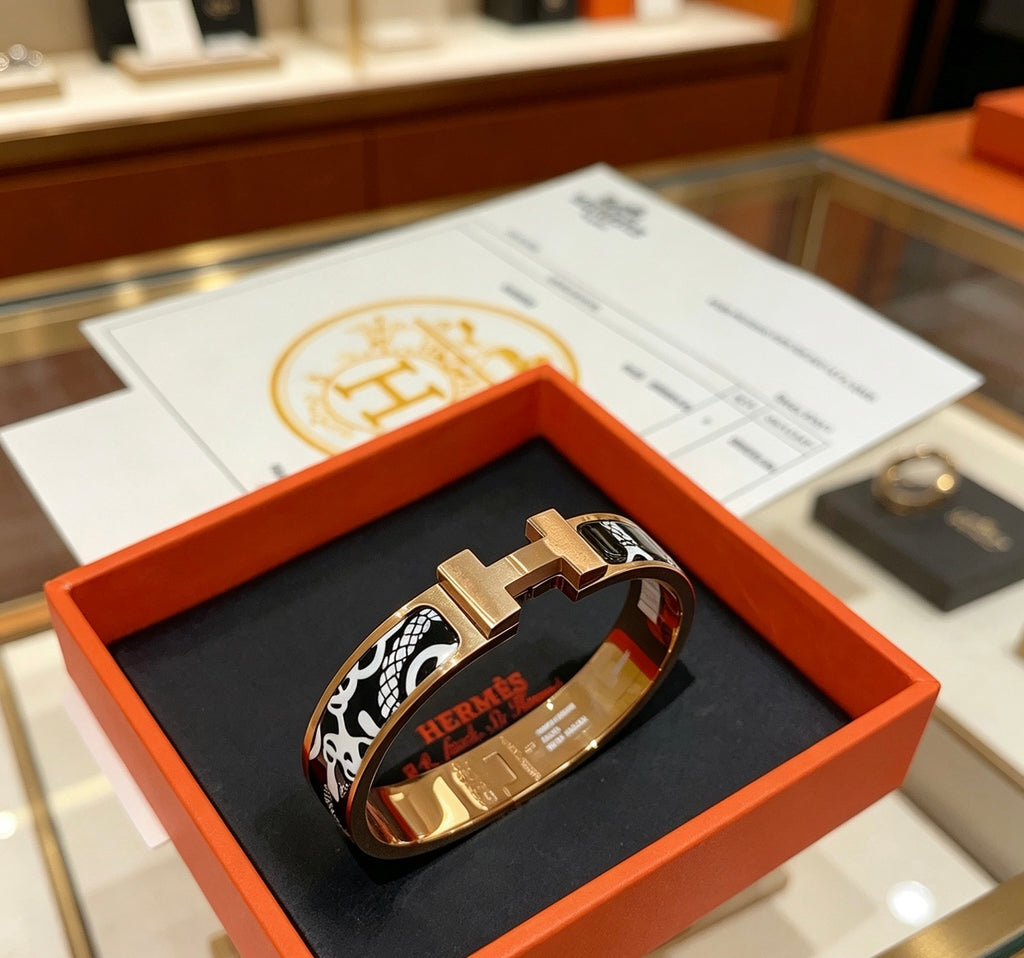 Hermès Gold-Tone Black Printed H-Clasp Bangle - album image 4